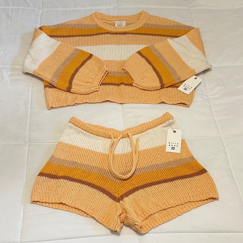 Billabong Orange and White Striped Crop Top and Shorts